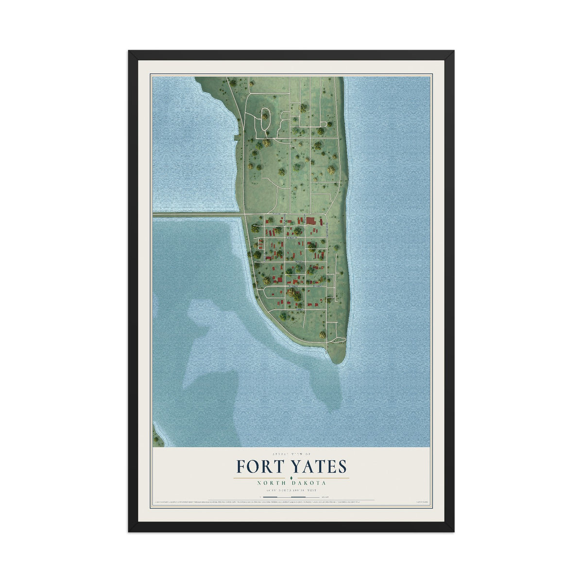 Map of Fort Yates, North Dakota, 12 x 18 inch print in a black wood frame