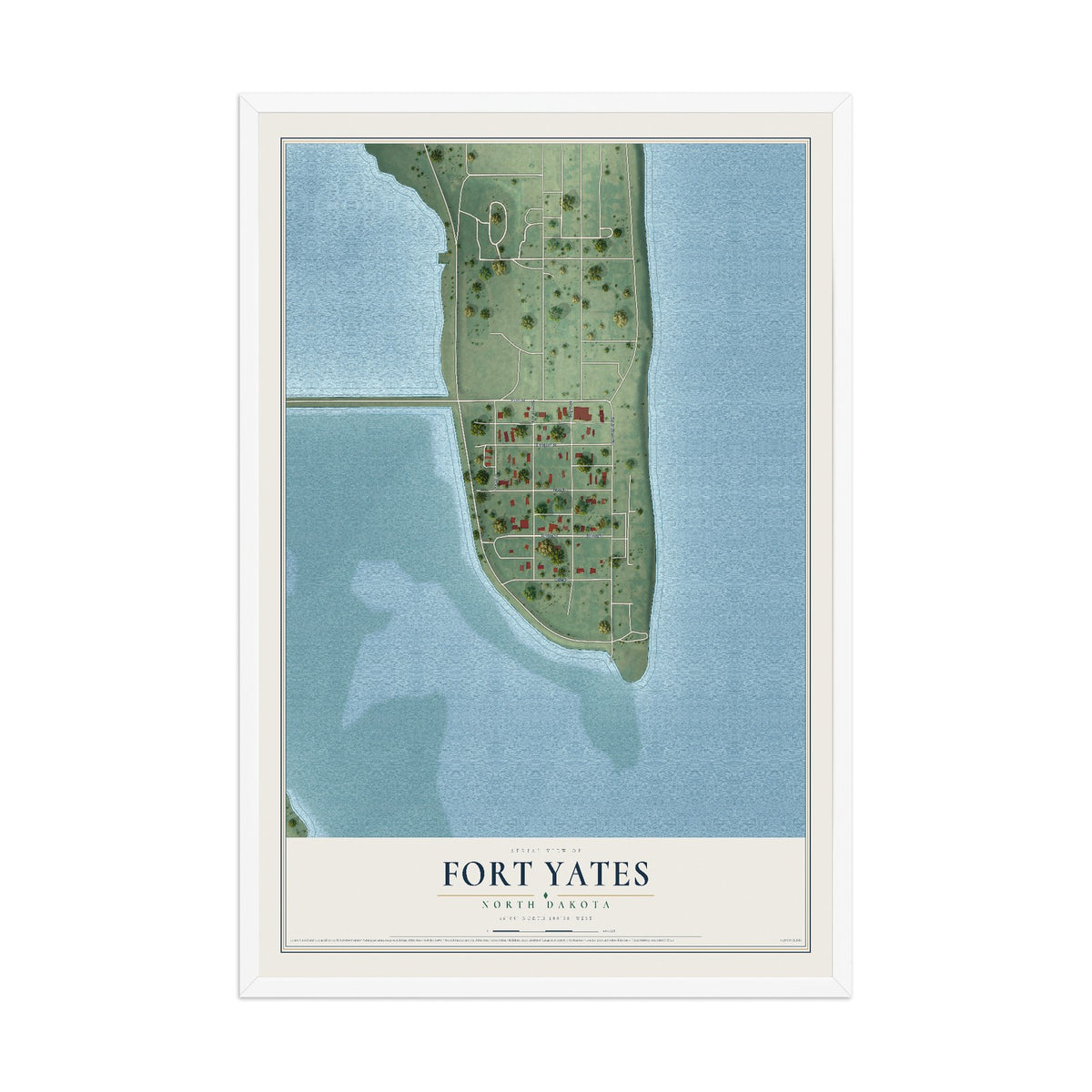 Map of Fort Yates, North Dakota, 12 x 18 inch print in a white wood frame