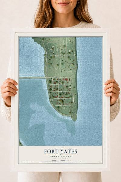 Map of Fort Yates, North Dakota, 18 x 24 inch print in a white wood frame