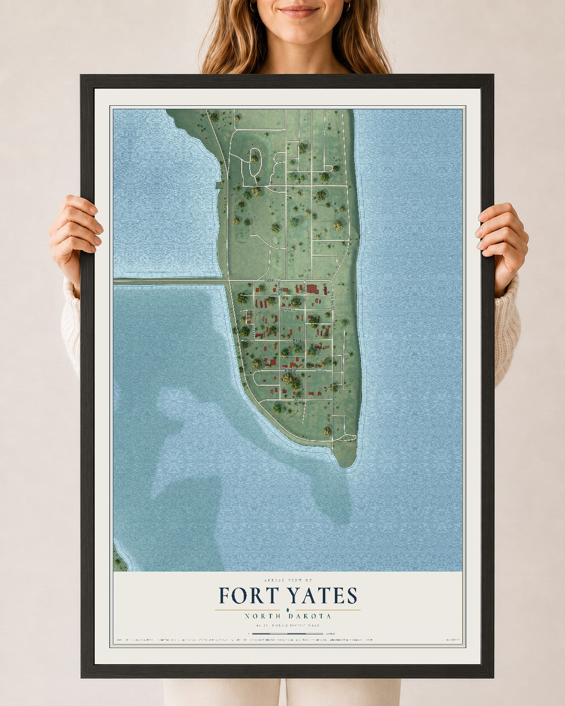 Map of Fort Yates, North Dakota, 24 x 36 inch print in a black wood frame