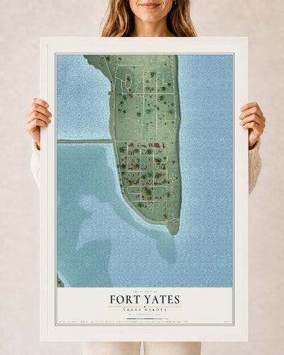 Map of Fort Yates, North Dakota, 24 x 36 inch print in a white wood frame