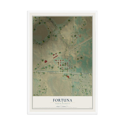 Map of Fortuna, North Dakota, 12 x 18 inch print in a white wood frame
