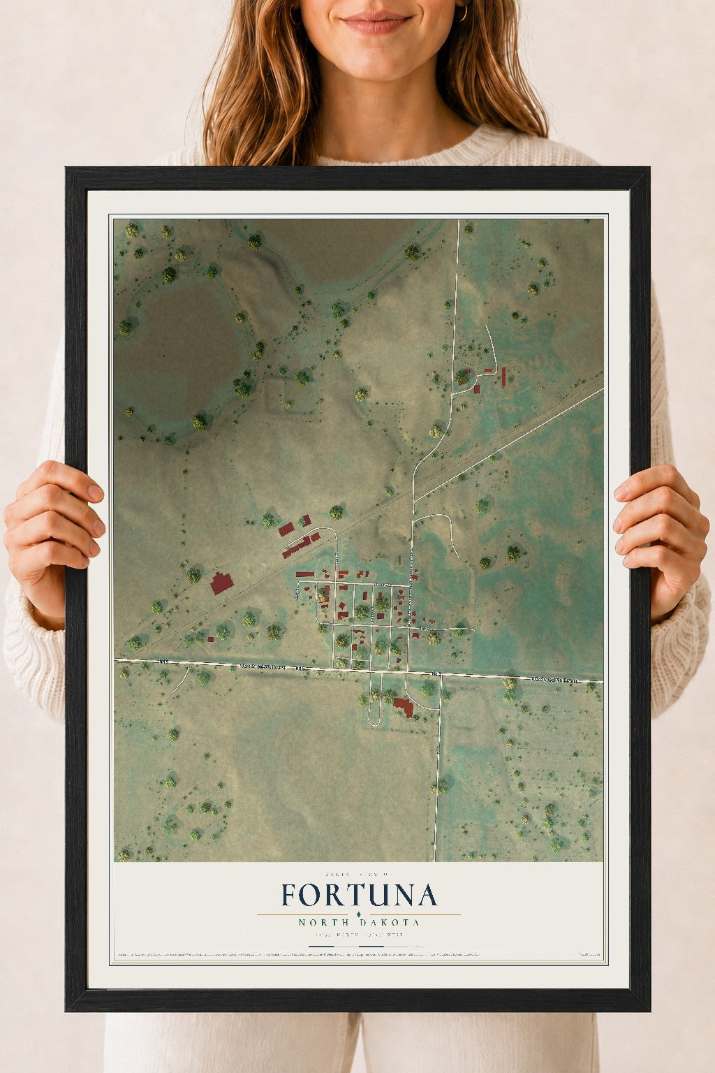 Map of Fortuna, North Dakota, 18 x 24 inch print in a black wood frame
