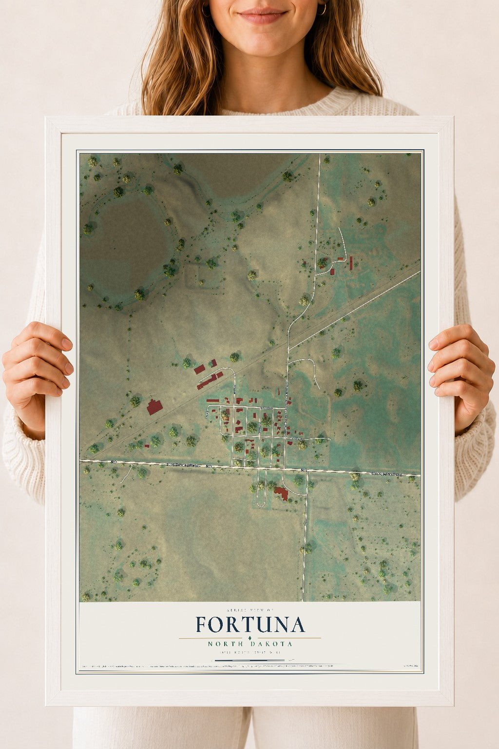 Map of Fortuna, North Dakota, 18 x 24 inch print in a white wood frame