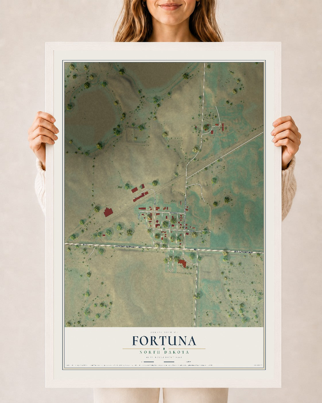Map of Fortuna, North Dakota, 24 x 36 inch print in a white wood frame