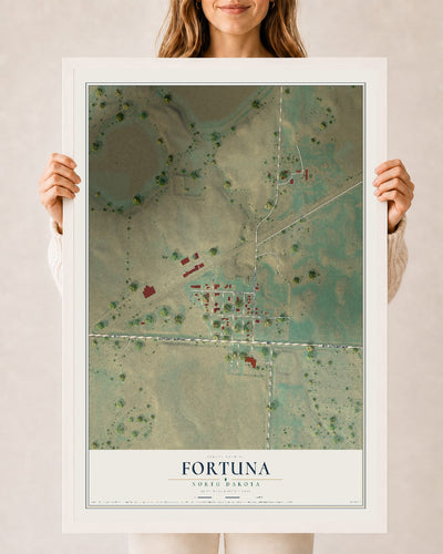 Map of Fortuna, North Dakota, 24 x 36 inch print in a white wood frame