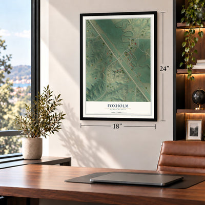 Foxholm, North Dakota map, 18 x 24 inch print in a black frame in a home office
