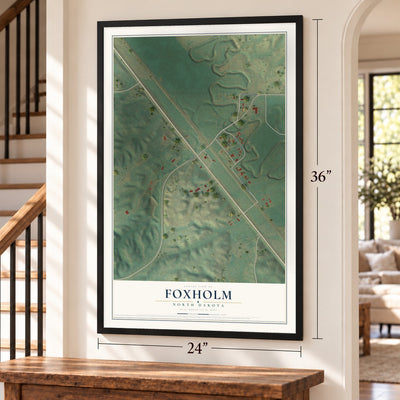 Foxholm, North Dakota map, 24 x 36 inch print in a black frame by a staircase
