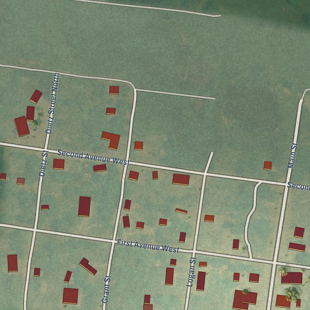 Close-up of the map of Fredonia, North Dakota print showing street and building detail
