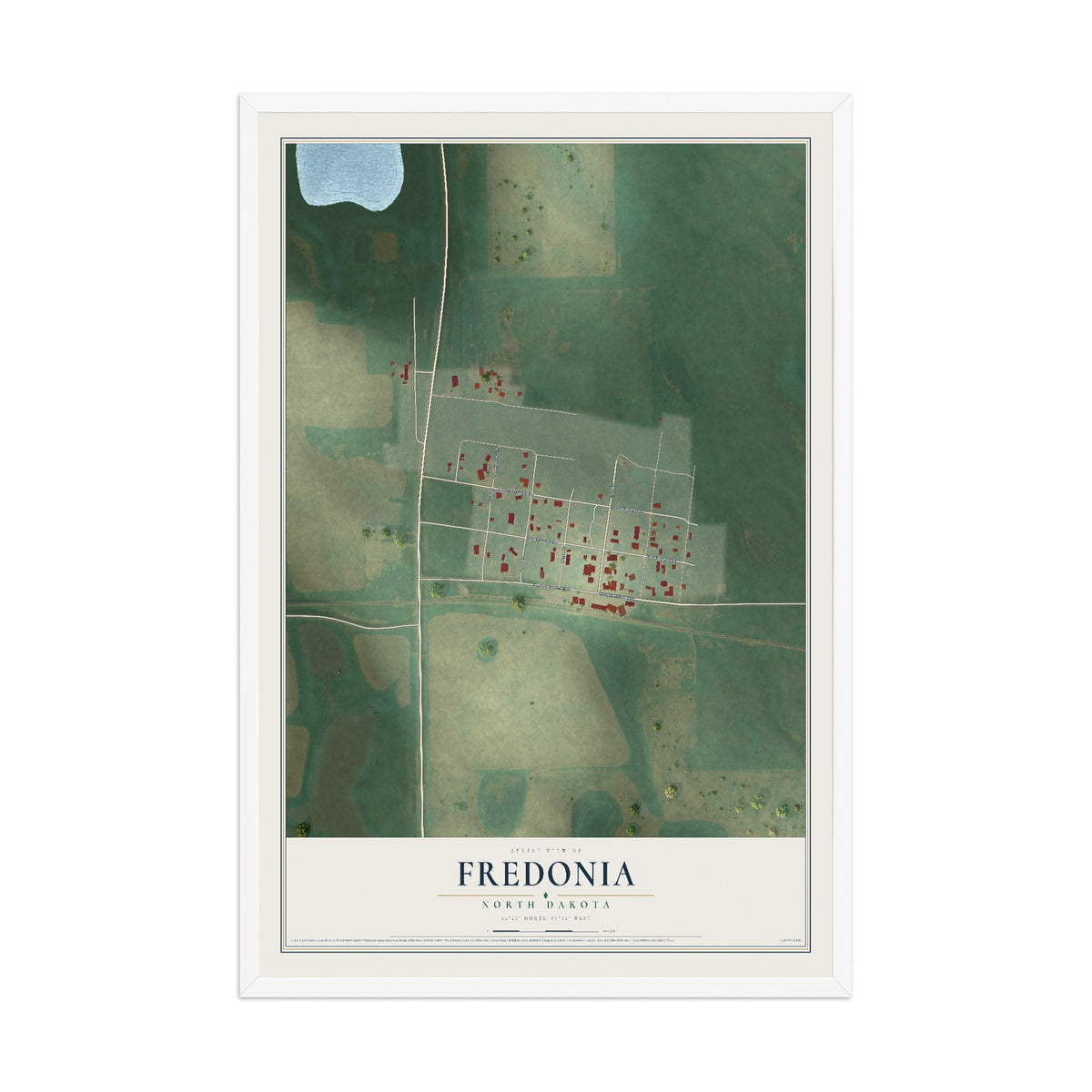 Map of Fredonia, North Dakota, 12 x 18 inch print in a white wood frame