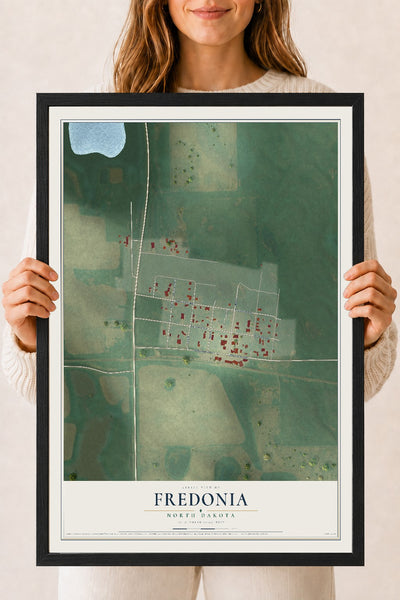 Map of Fredonia, North Dakota, 18 x 24 inch print in a black wood frame