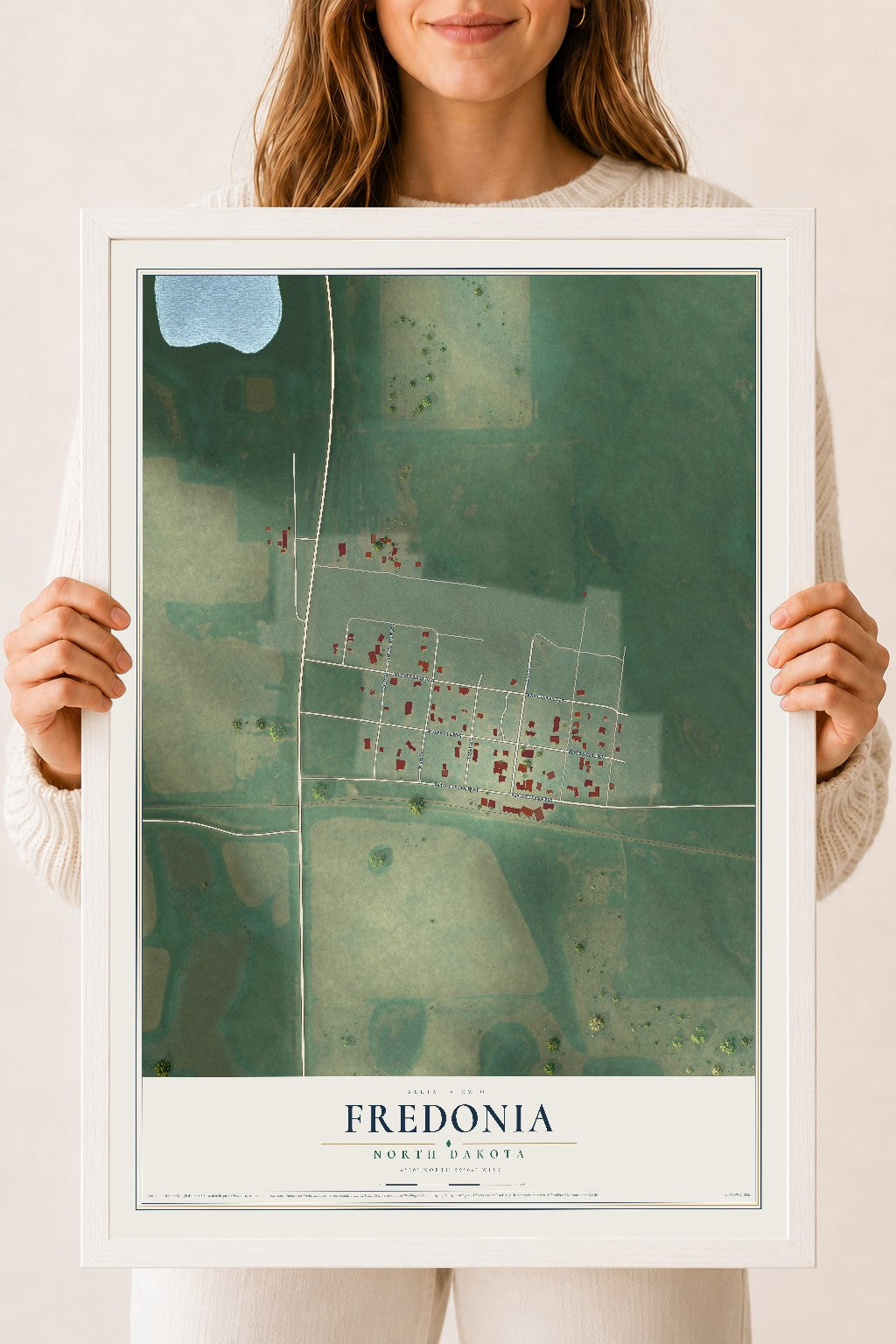 Map of Fredonia, North Dakota, 18 x 24 inch print in a white wood frame
