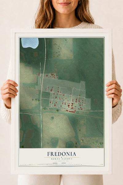 Map of Fredonia, North Dakota, 18 x 24 inch print in a white wood frame