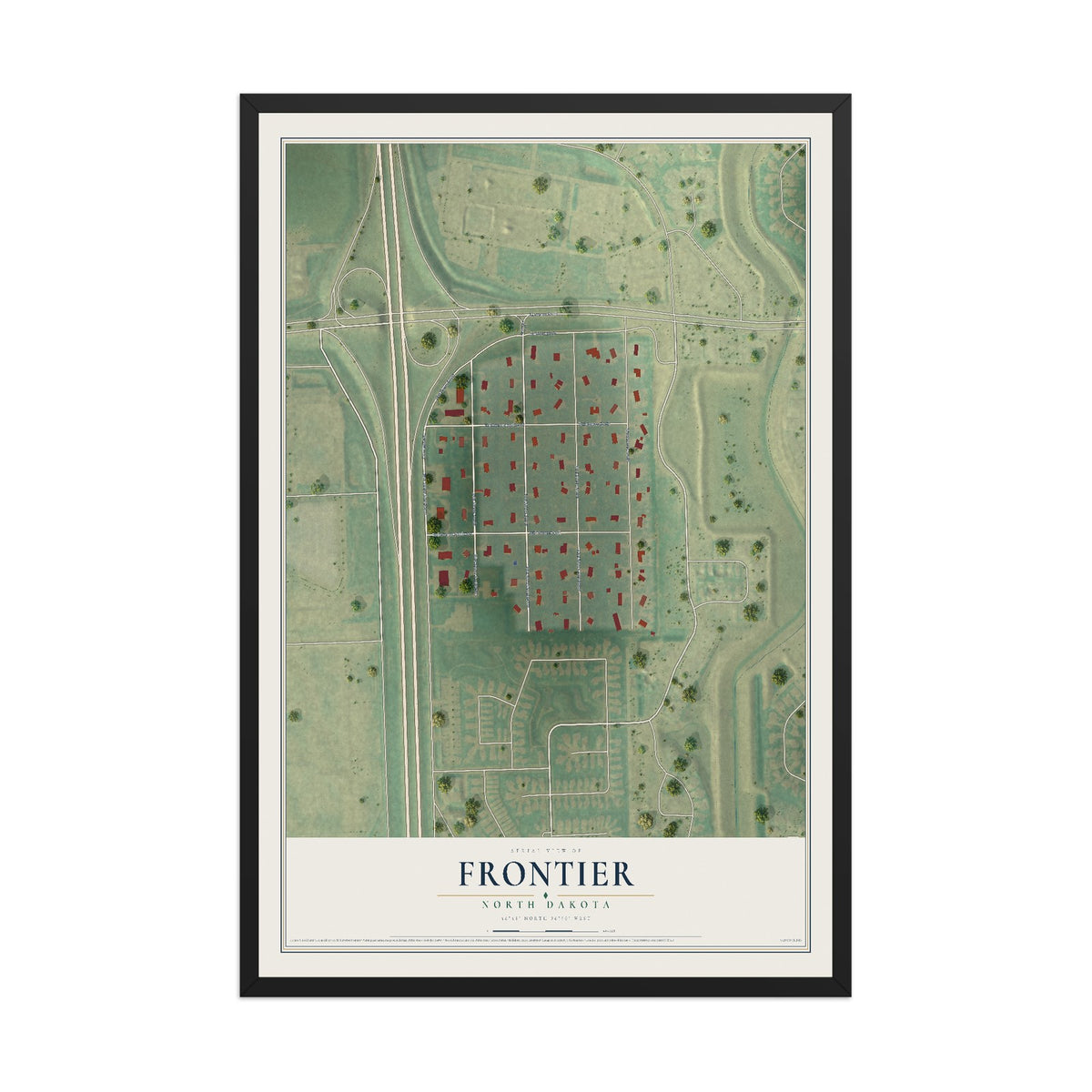 Map of Frontier, North Dakota, 12 x 18 inch print in a black wood frame