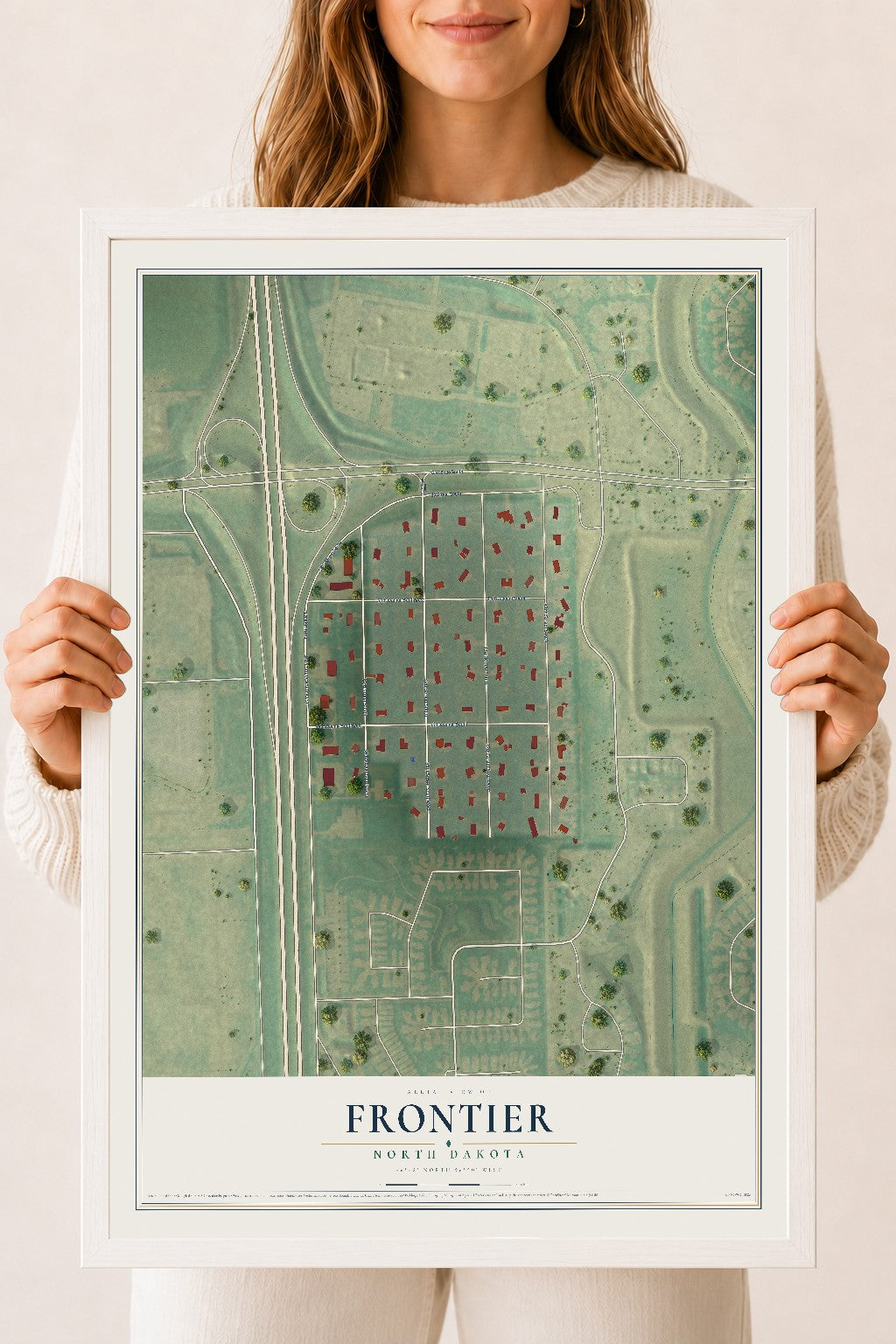 Map of Frontier, North Dakota, 18 x 24 inch print in a white wood frame