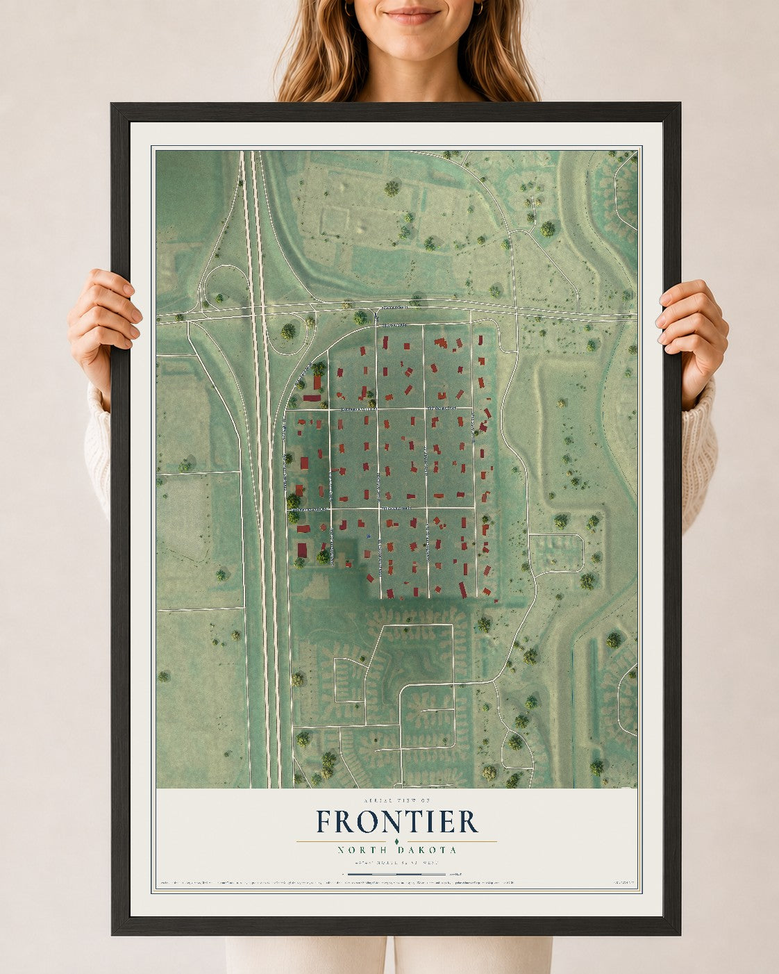 Map of Frontier, North Dakota, 24 x 36 inch print in a black wood frame