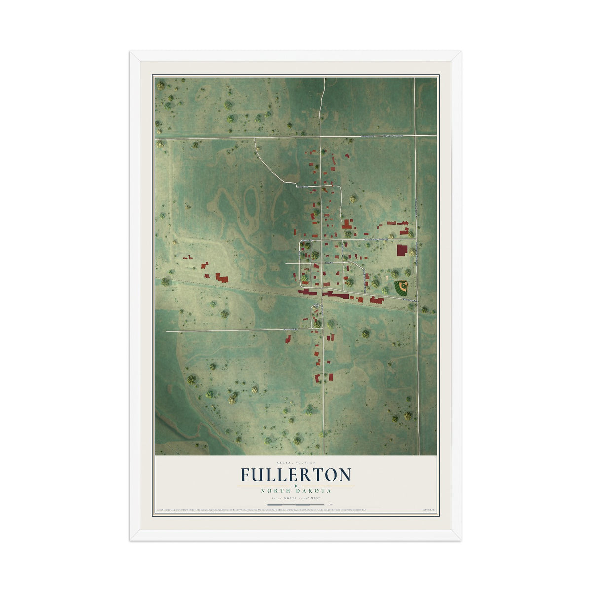 Map of Fullerton, North Dakota, 12 x 18 inch print in a white wood frame
