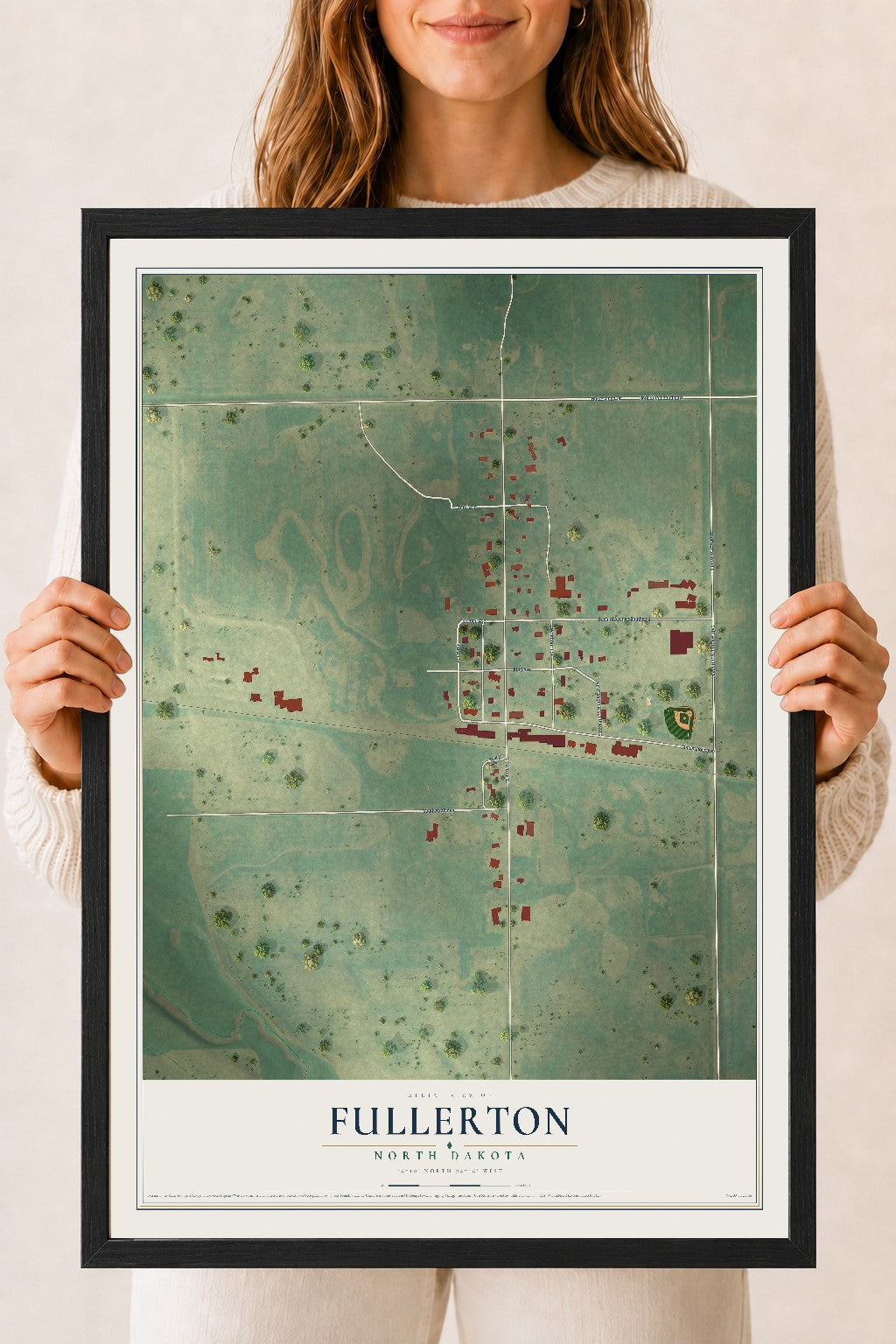 Map of Fullerton, North Dakota, 18 x 24 inch print in a black wood frame