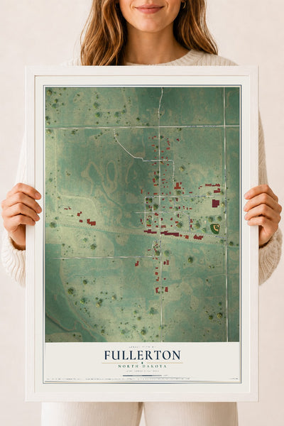 Map of Fullerton, North Dakota, 18 x 24 inch print in a white wood frame