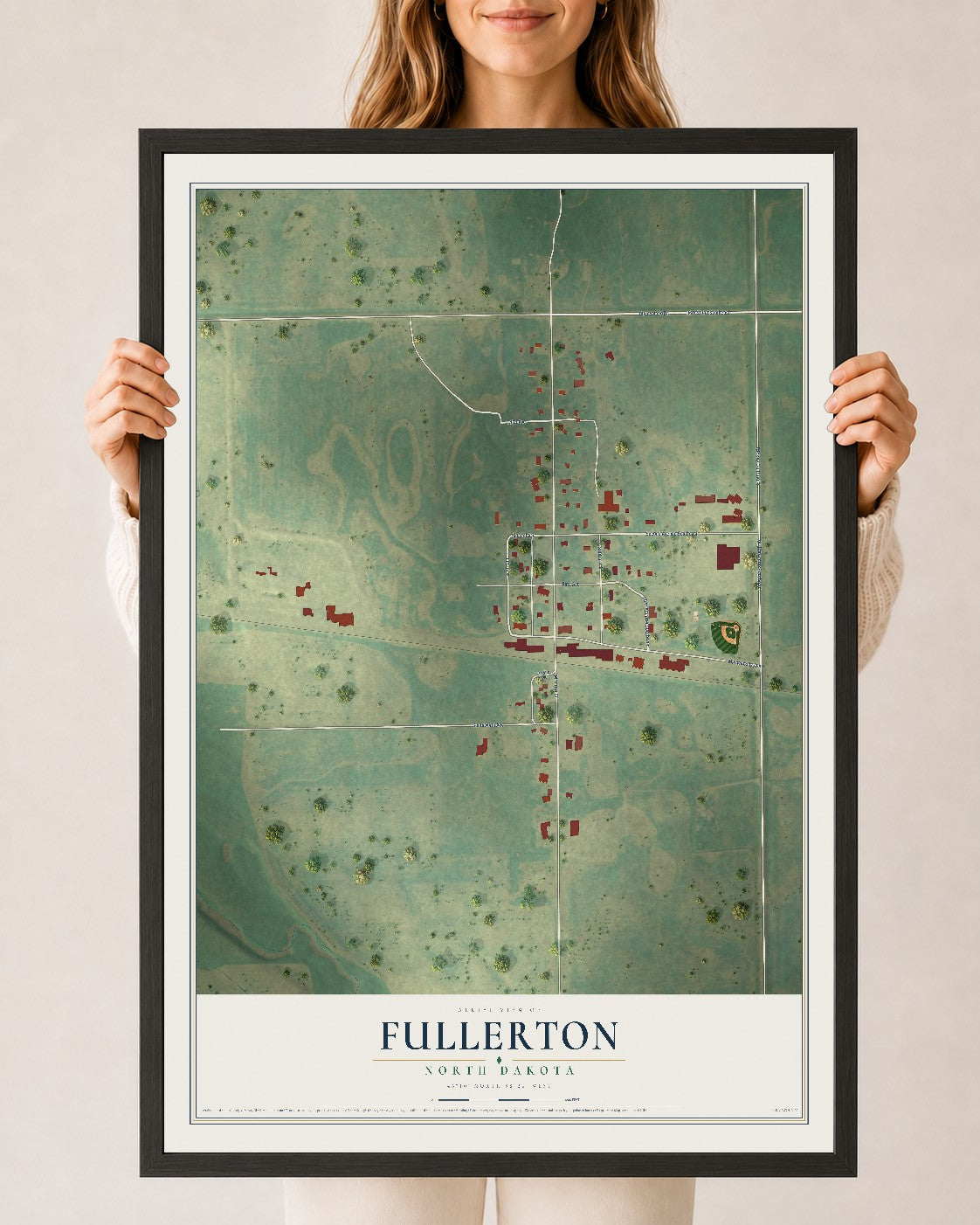 Map of Fullerton, North Dakota, 24 x 36 inch print in a black wood frame