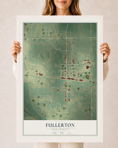 Map of Fullerton, North Dakota, 24 x 36 inch print in a white wood frame