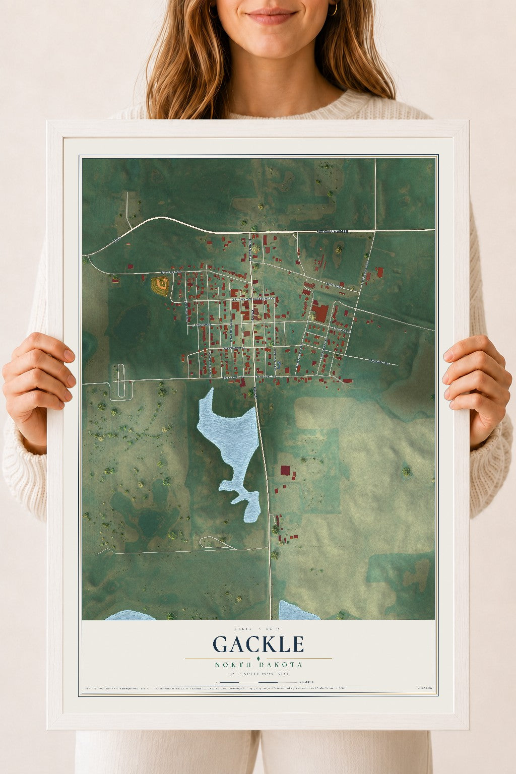 Map of Gackle, North Dakota, 18 x 24 inch print in a white wood frame