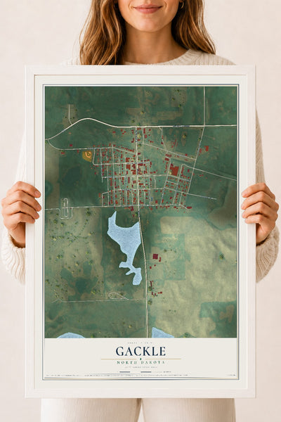 Map of Gackle, North Dakota, 18 x 24 inch print in a white wood frame