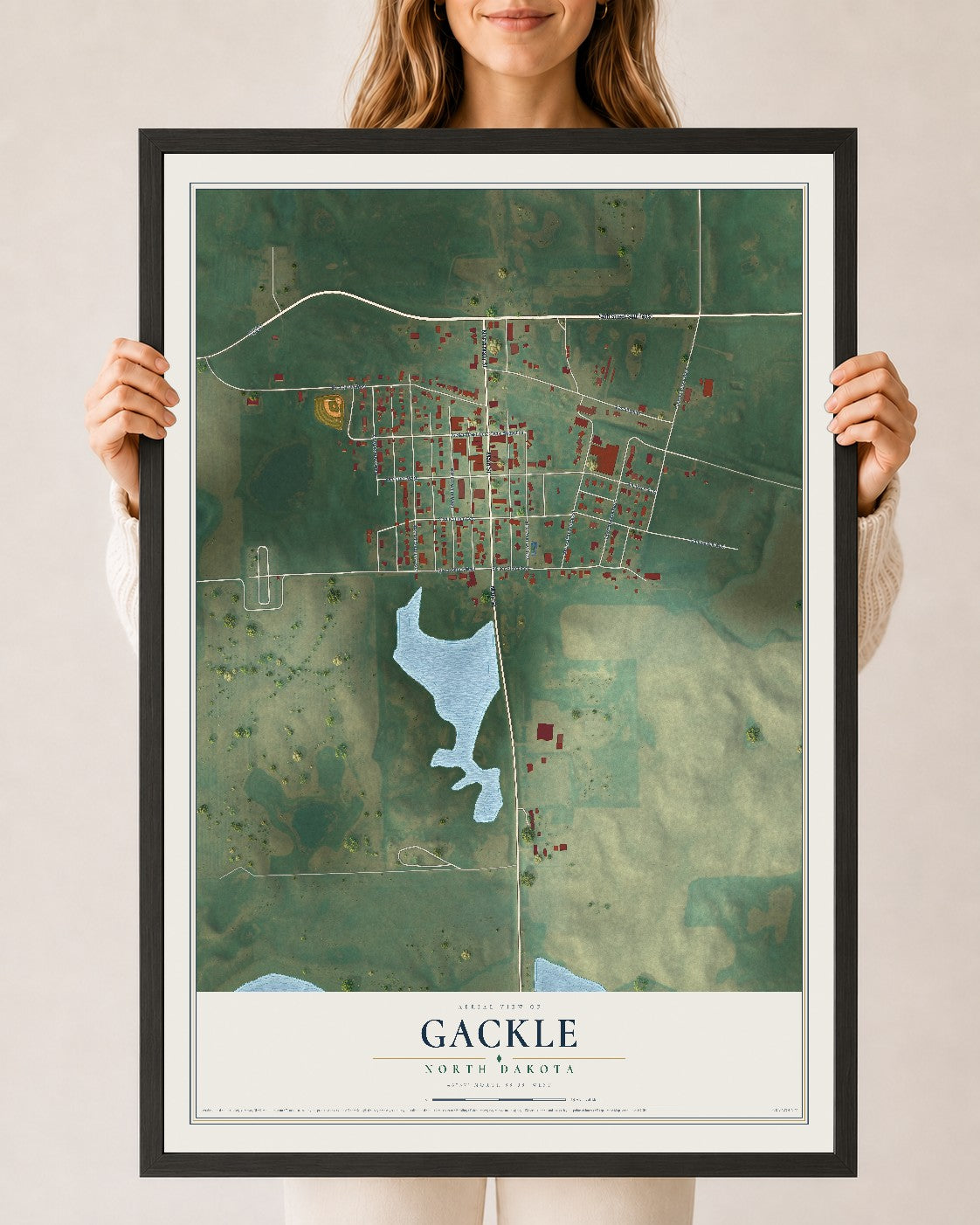 Map of Gackle, North Dakota, 24 x 36 inch print in a black wood frame