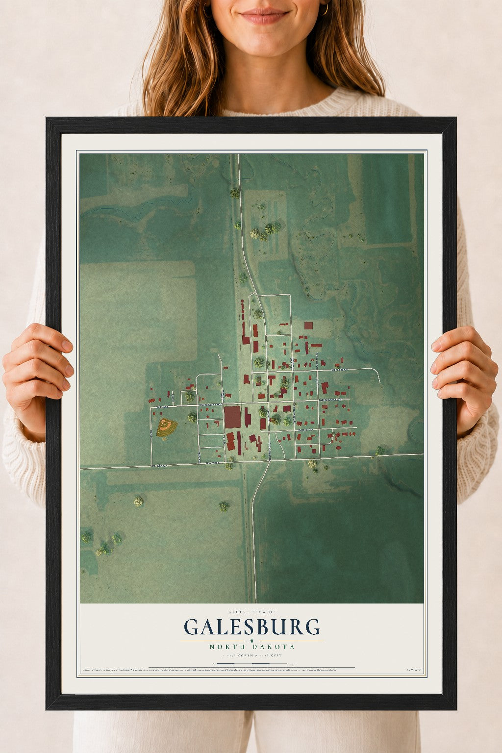 Map of Galesburg, North Dakota, 18 x 24 inch print in a black wood frame