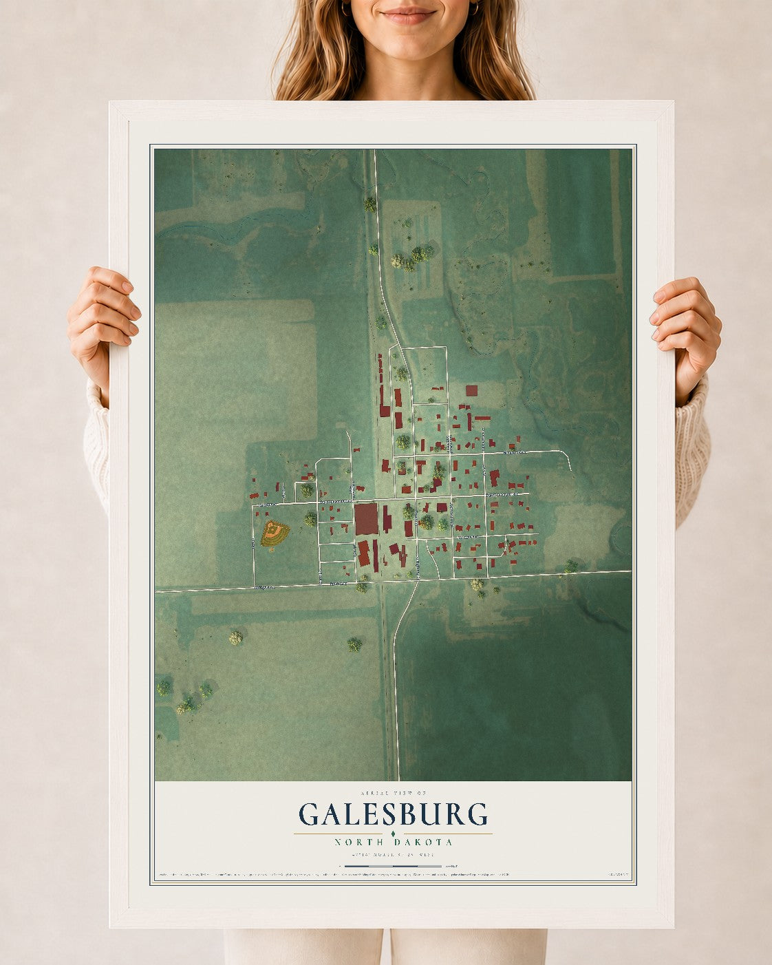 Map of Galesburg, North Dakota, 24 x 36 inch print in a white wood frame