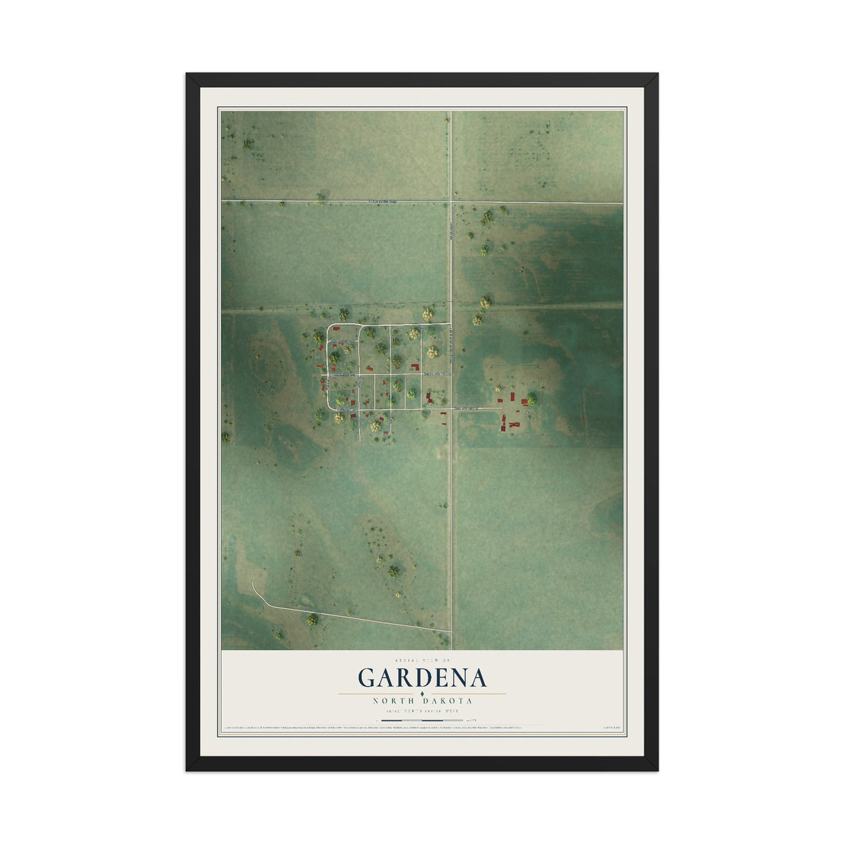 Map of Gardena, North Dakota, 12 x 18 inch print in a black wood frame