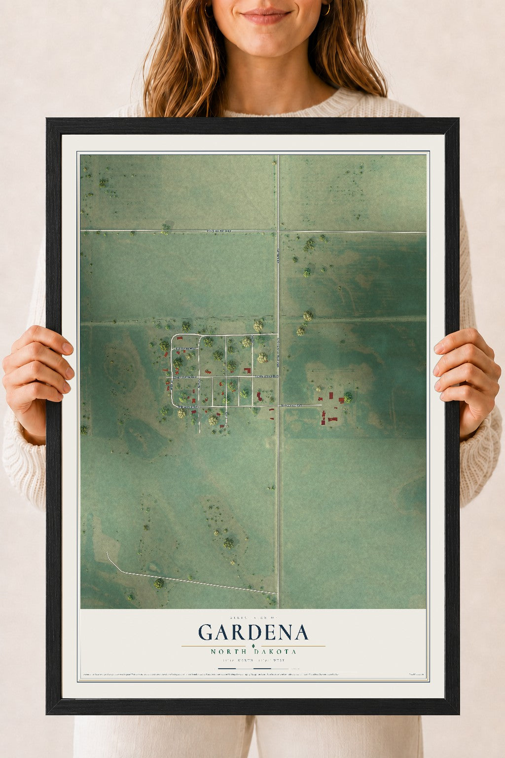 Map of Gardena, North Dakota, 18 x 24 inch print in a black wood frame