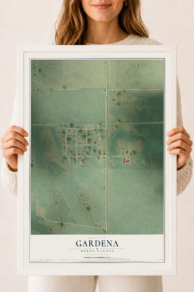 Map of Gardena, North Dakota, 18 x 24 inch print in a white wood frame