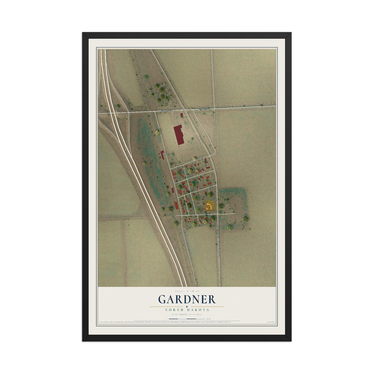 Map of Gardner, North Dakota, 12 x 18 inch print in a black wood frame
