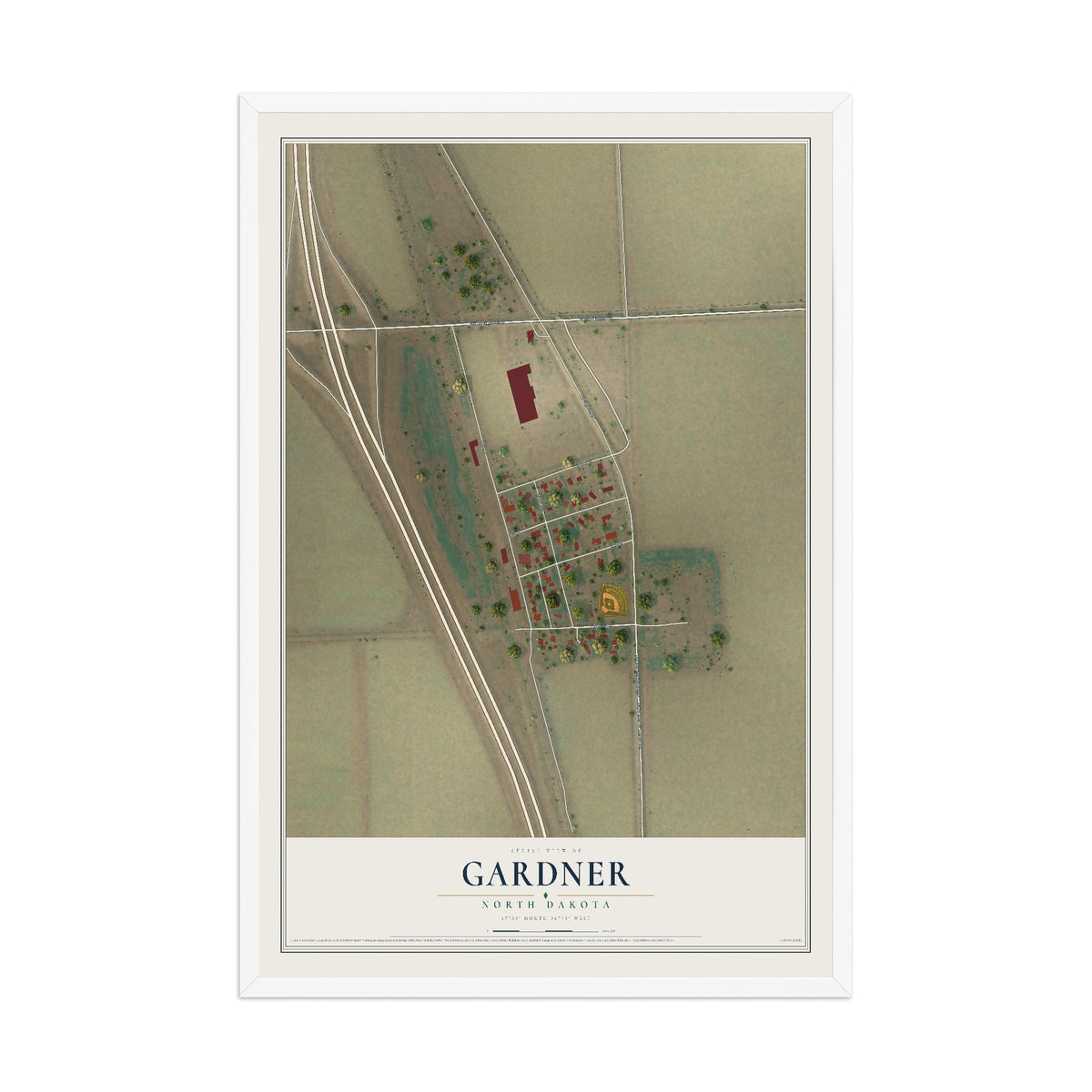 Map of Gardner, North Dakota, 12 x 18 inch print in a white wood frame