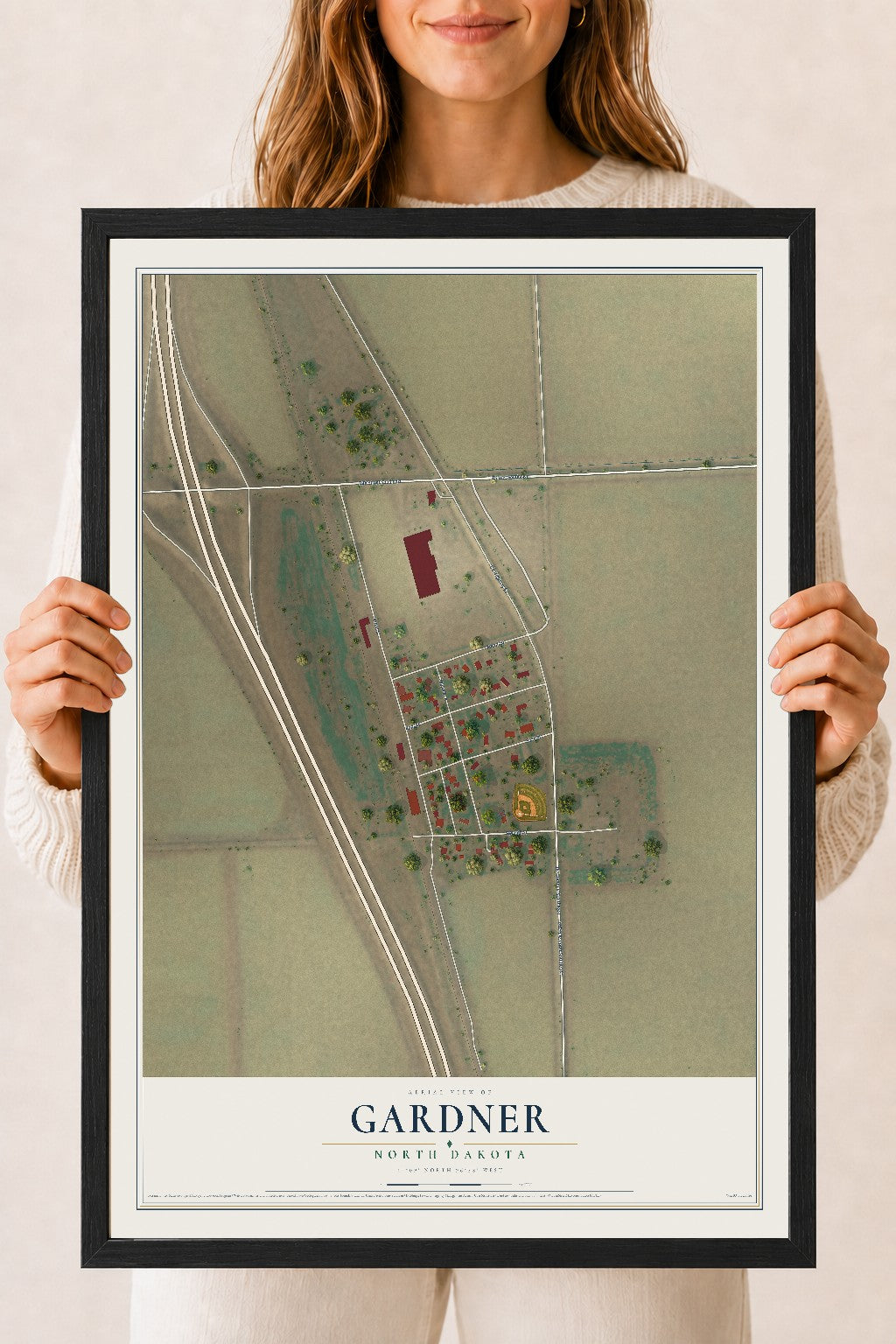 Map of Gardner, North Dakota, 18 x 24 inch print in a black wood frame