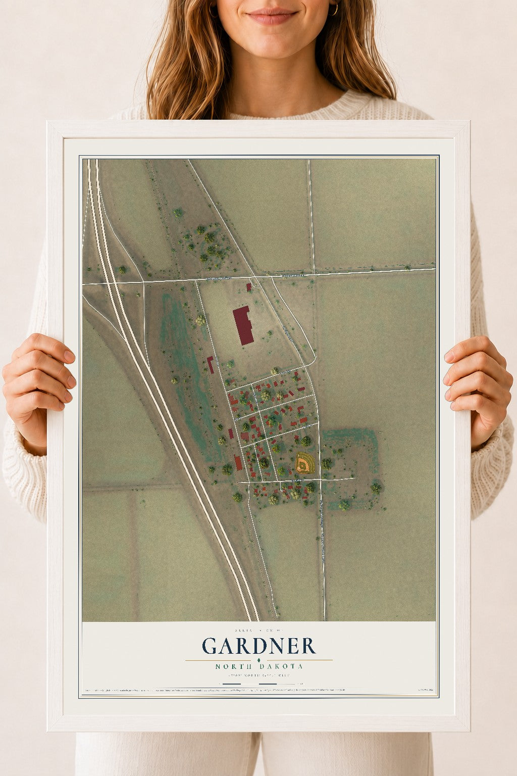 Map of Gardner, North Dakota, 18 x 24 inch print in a white wood frame