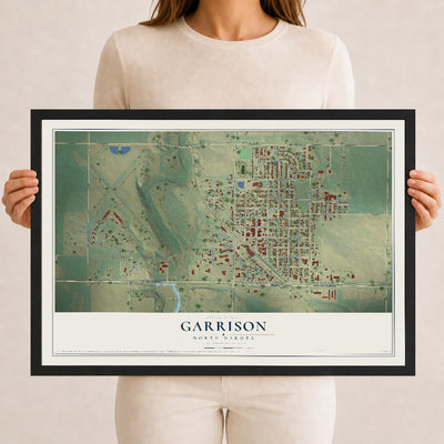 Map of Garrison, North Dakota, 12 x 18 inch print in a black wood frame