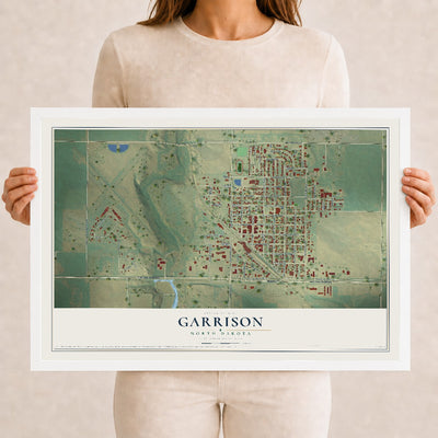 Map of Garrison, North Dakota, 12 x 18 inch print in a white wood frame