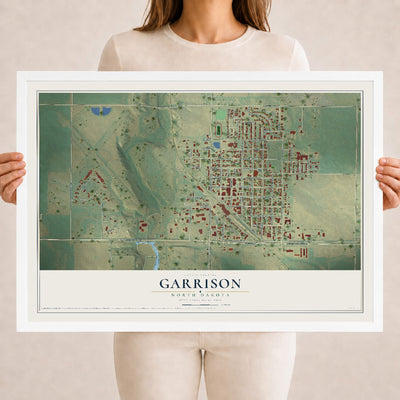 Map of Garrison, North Dakota, 18 x 24 inch print in a white wood frame