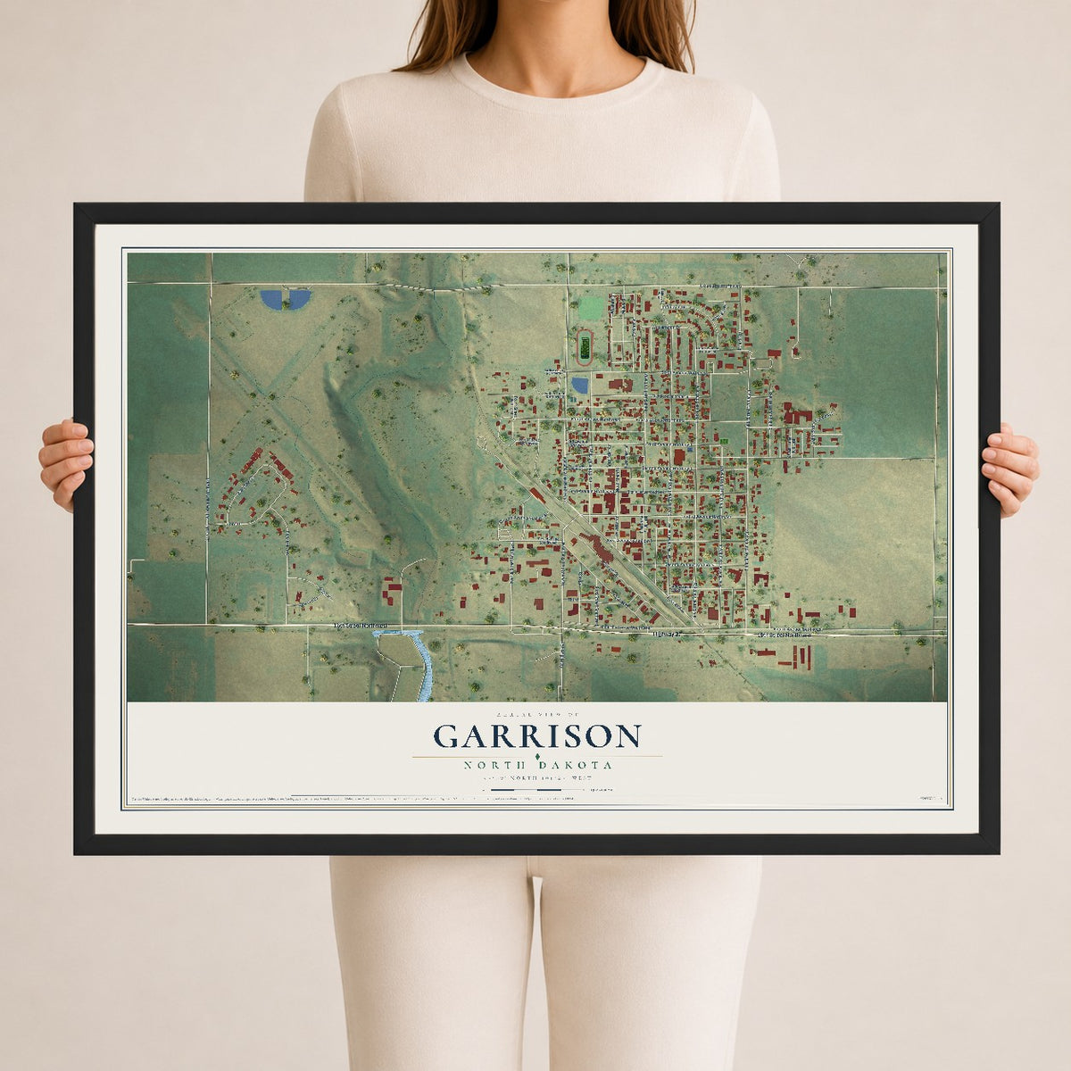 Map of Garrison, North Dakota, 24 x 36 inch print in a black wood frame