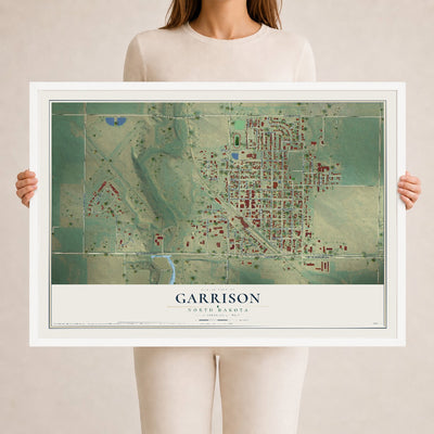 Map of Garrison, North Dakota, 24 x 36 inch print in a white wood frame