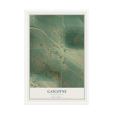 Map of Gascoyne, North Dakota, 12 x 18 inch print in a white wood frame