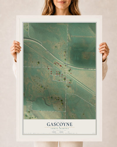 Map of Gascoyne, North Dakota, 24 x 36 inch print in a white wood frame