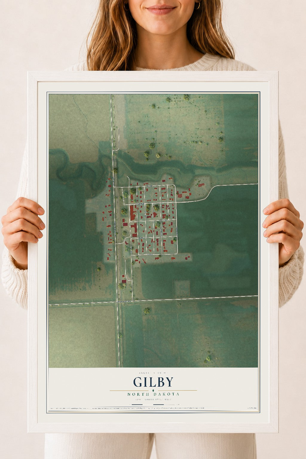 Map of Gilby, North Dakota, 18 x 24 inch print in a white wood frame