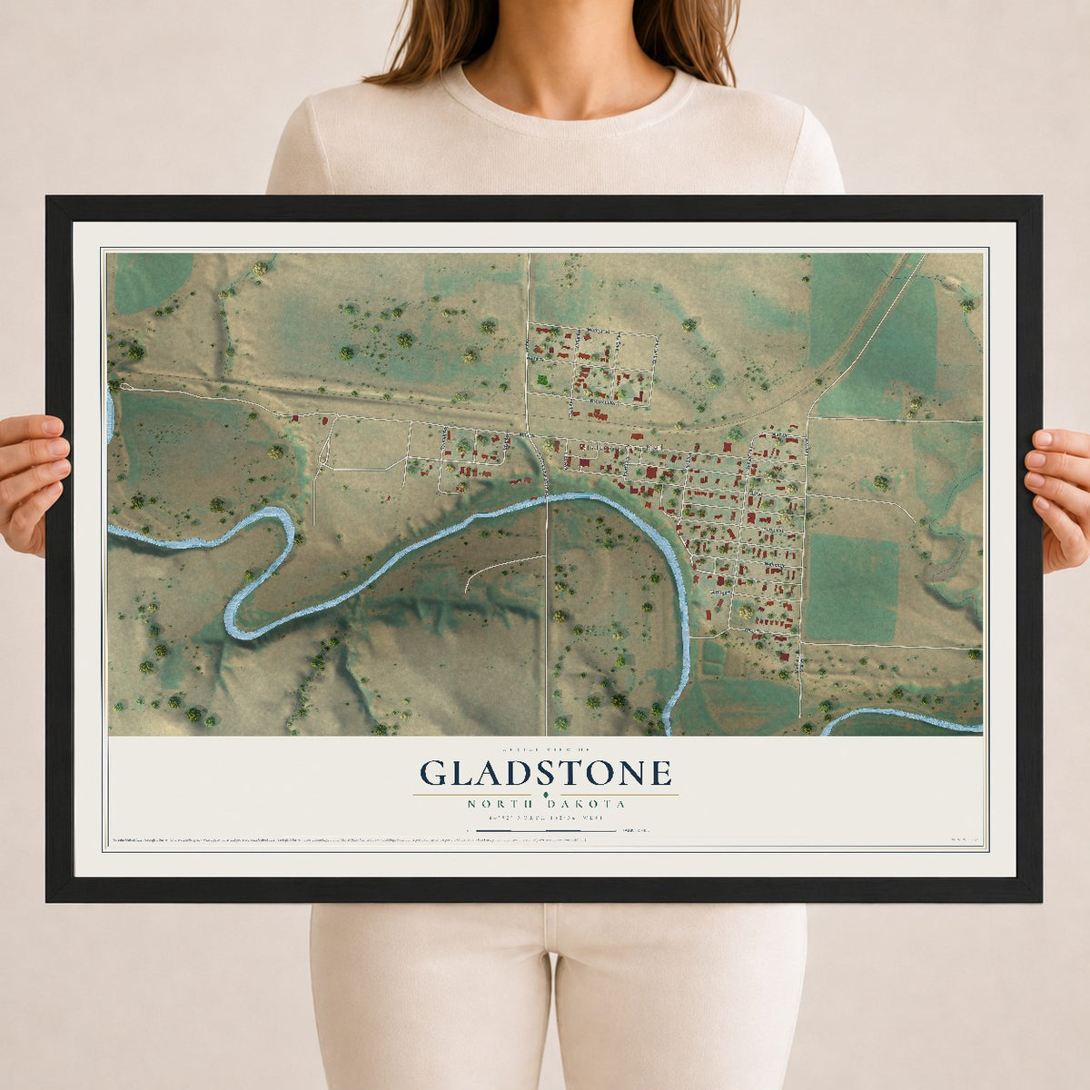 Map of Gladstone, North Dakota, 18 x 24 inch print in a black wood frame