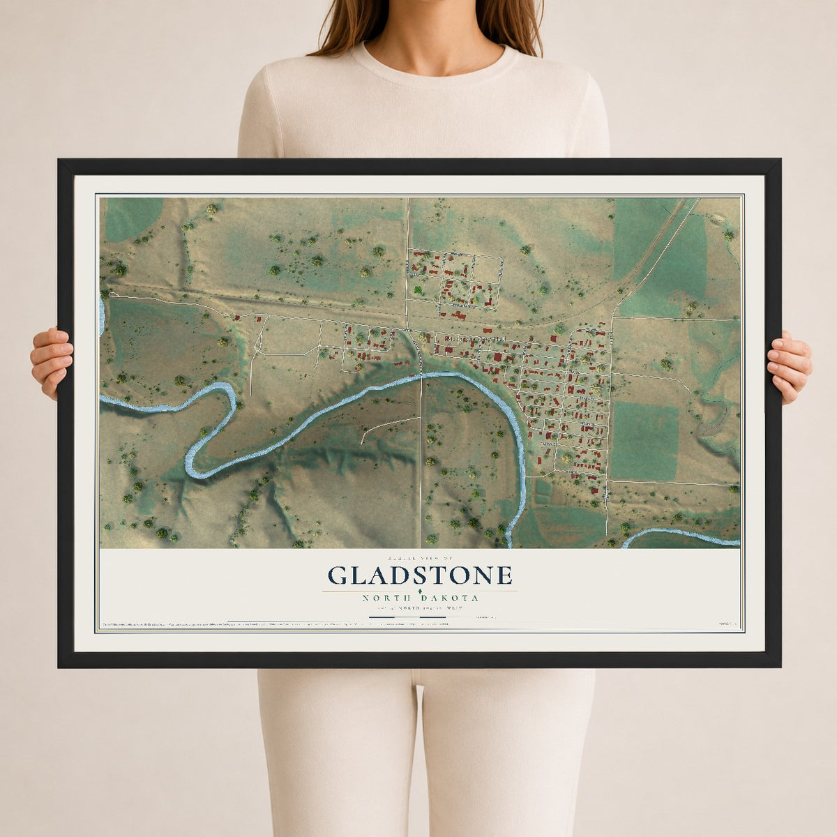 Map of Gladstone, North Dakota, 24 x 36 inch print in a black wood frame