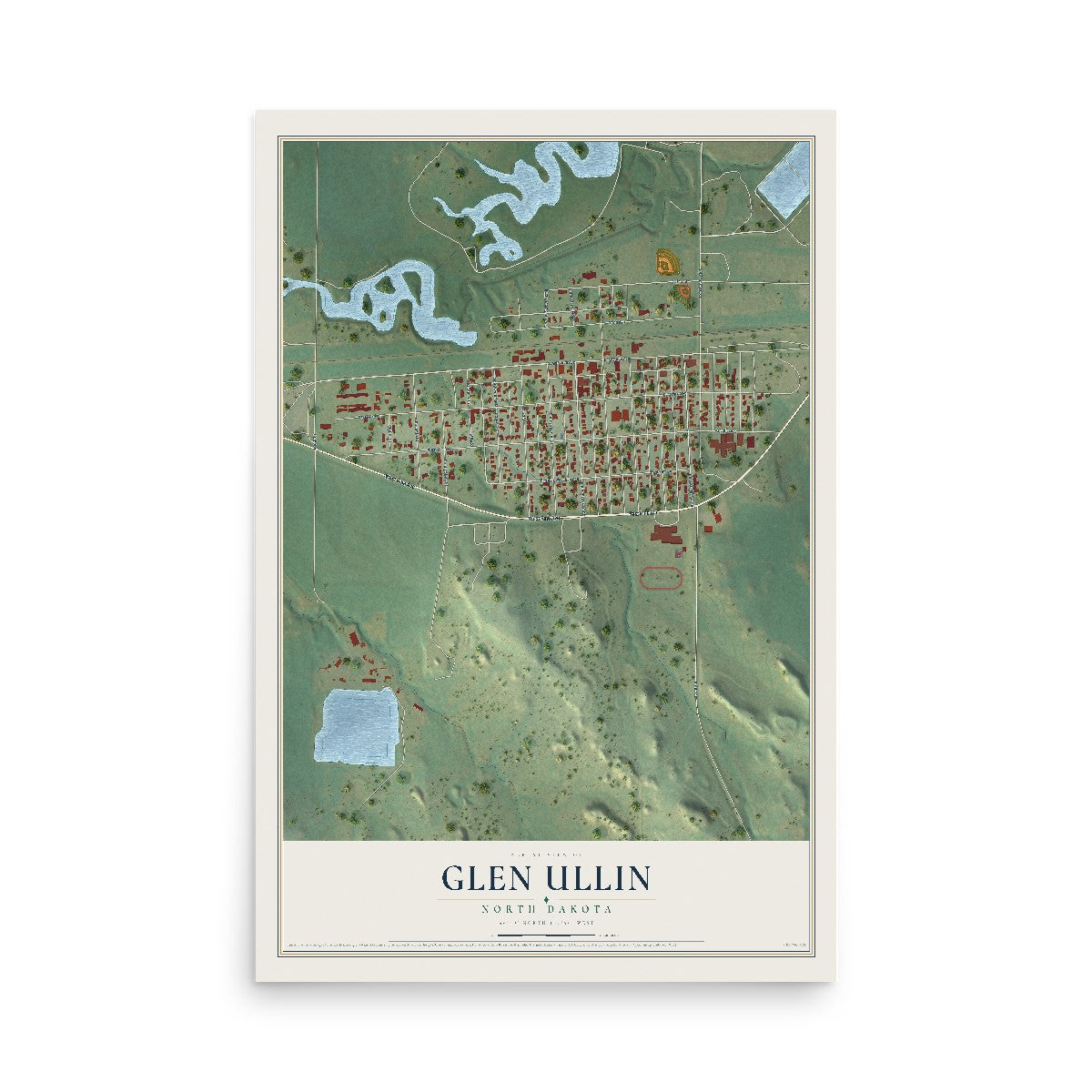 Map of Glen Ullin, North Dakota, 12 x 18 inch unframed archival matte print