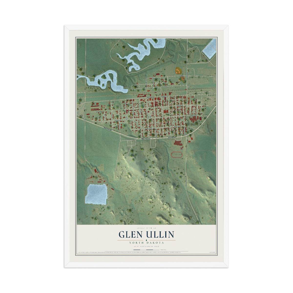 Map of Glen Ullin, North Dakota, 12 x 18 inch print in a white wood frame