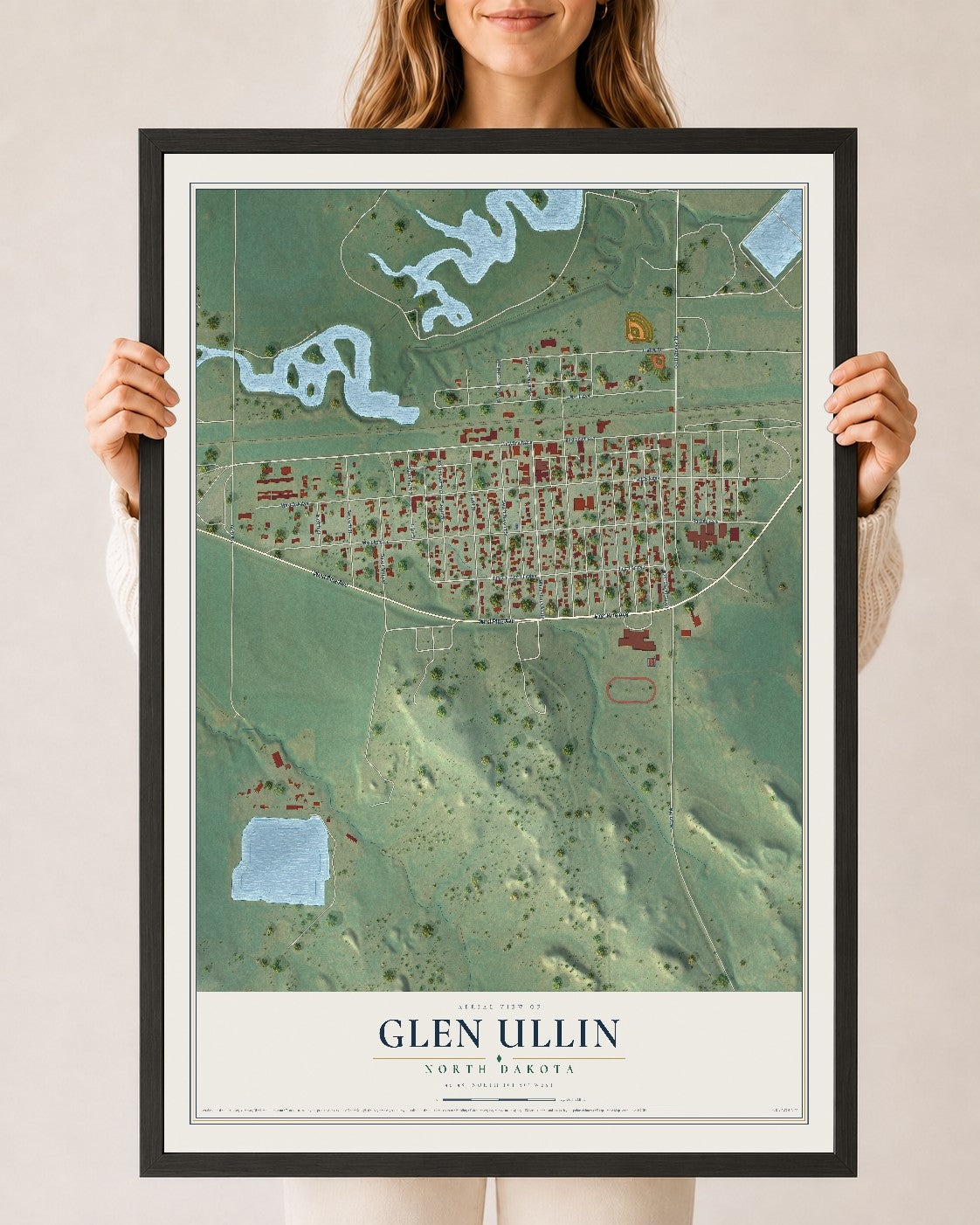 Map of Glen Ullin, North Dakota, 24 x 36 inch print in a black wood frame